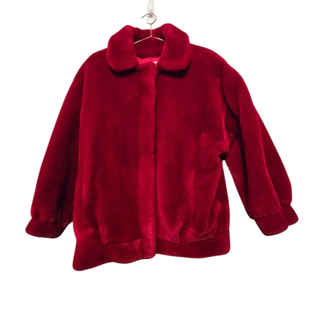 Vintage 80s 90s Lilli Ann Faux Fur Bomber Jacket Coat Womens MED Red Pockets Zip